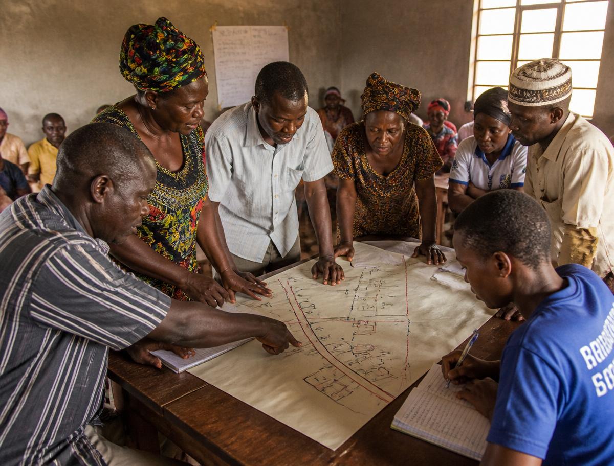 Community members gathered around a participatory planning map
